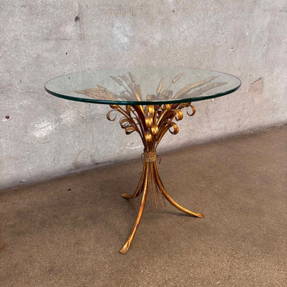 Vintage Italian Hollywood Regency Tole Gilded Iron Base Table w/ Glass Top