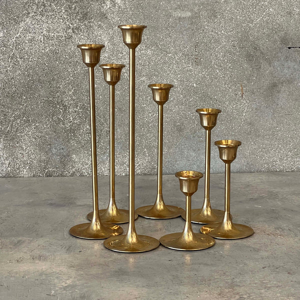 Set of Seven Vintage MCM Brass Graduated Tulip Style Candlestick Holders
