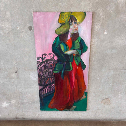 Vintage Acrylic Painting on Canvas of a Woman