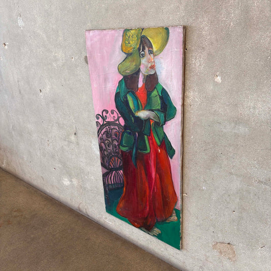 Vintage Acrylic Painting on Canvas of a Woman