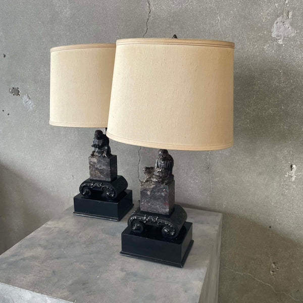 Pair of Vintage Chinese Figural Lamps in Soap Stone