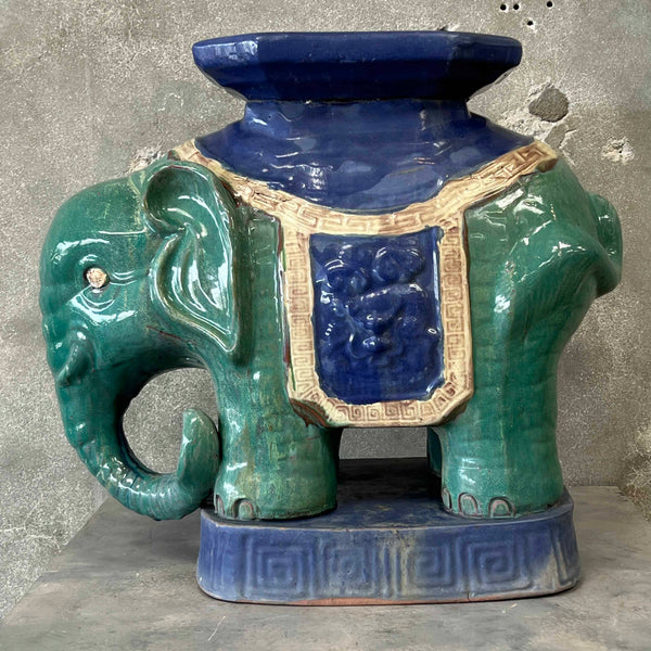 Italian Style Terracotta Hollywood Regency Teal Elephant Plant Stand