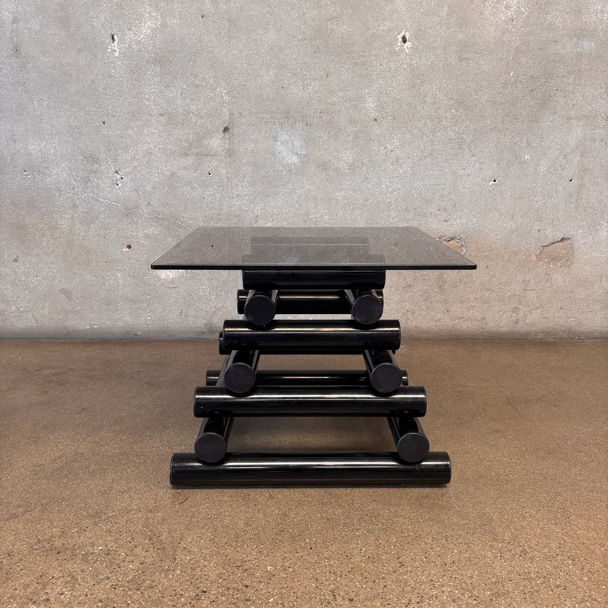 Pair Of 1980's Post Modern Black Geometric Smoked Glass Accent Tables