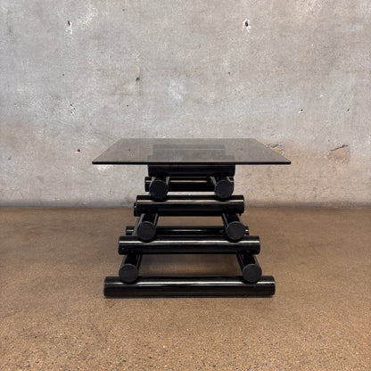 Pair Of 1980's Post Modern Black Geometric Smoked Glass Accent Tables
