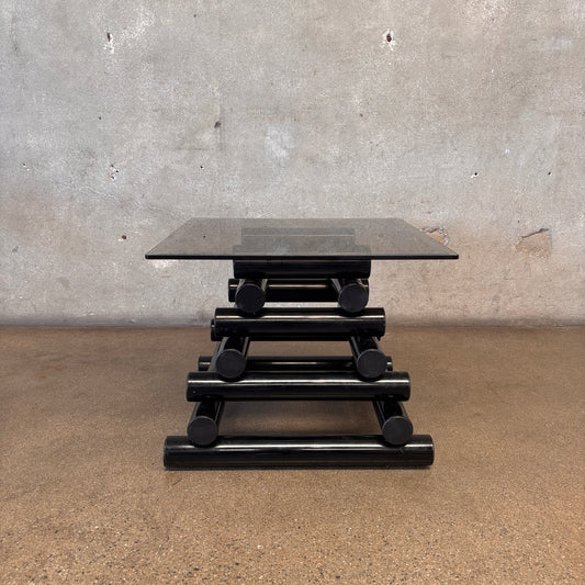 Pair Of 1980's Post Modern Black Geometric Smoked Glass Accent Tables