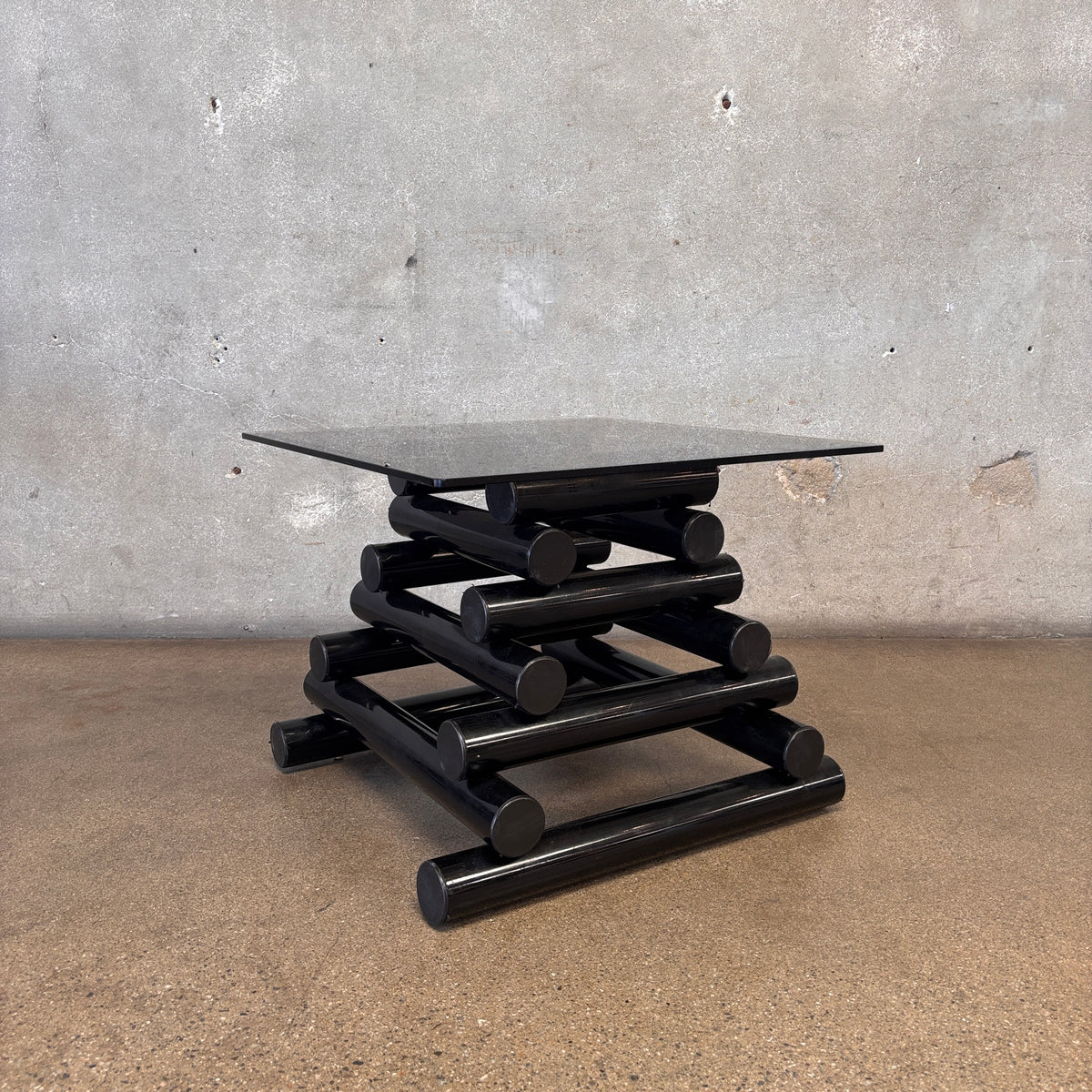 Pair Of 1980's Post Modern Black Geometric Smoked Glass Accent Tables