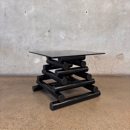 Pair Of 1980's Post Modern Black Geometric Smoked Glass Accent Tables