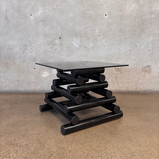 Pair Of 1980's Post Modern Black Geometric Smoked Glass Accent Tables
