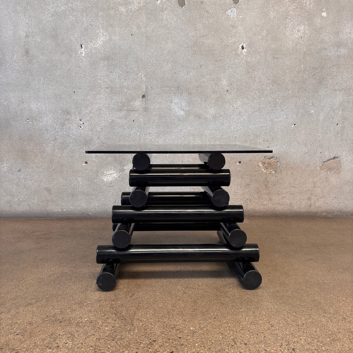 Pair Of 1980's Post Modern Black Geometric Smoked Glass Accent Tables