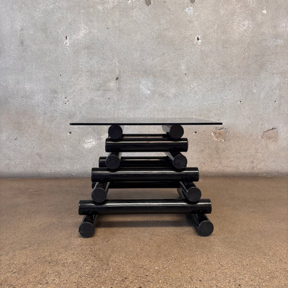 Pair Of 1980's Post Modern Black Geometric Smoked Glass Accent Tables