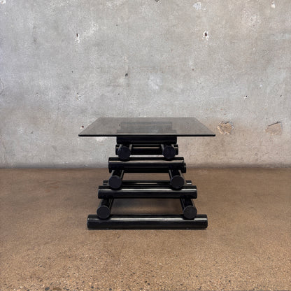 Pair Of 1980's Post Modern Black Geometric Smoked Glass Accent Tables