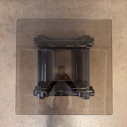 Pair Of 1980's Post Modern Black Geometric Smoked Glass Accent Tables