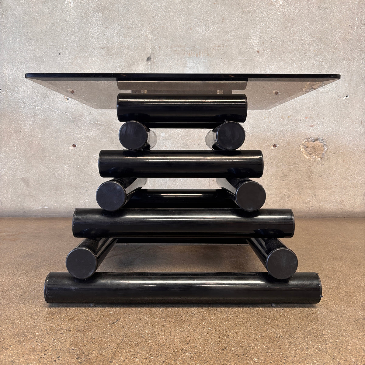 Pair Of 1980's Post Modern Black Geometric Smoked Glass Accent Tables