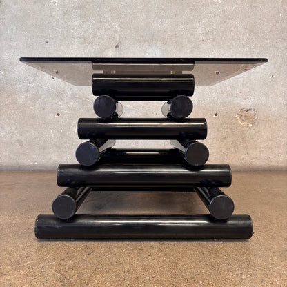 Pair Of 1980's Post Modern Black Geometric Smoked Glass Accent Tables