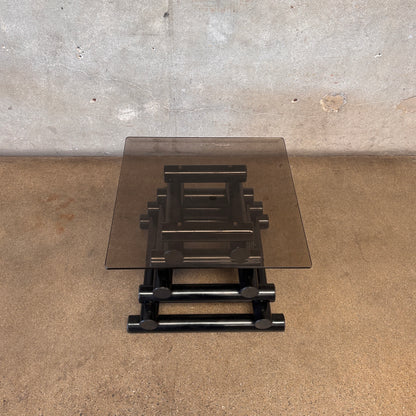 Pair Of 1980's Post Modern Black Geometric Smoked Glass Accent Tables
