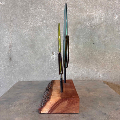 Blown Glass Disc Sculpture on Redwood