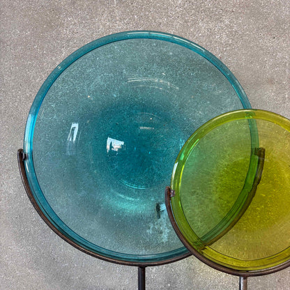 Blown Glass Disc Sculpture on Redwood