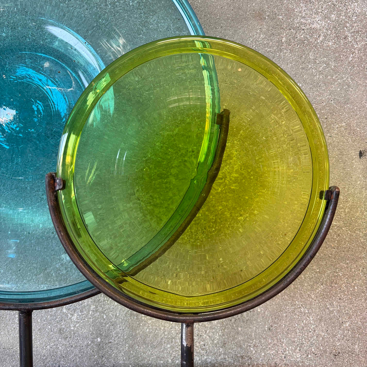 Blown Glass Disc Sculpture on Redwood