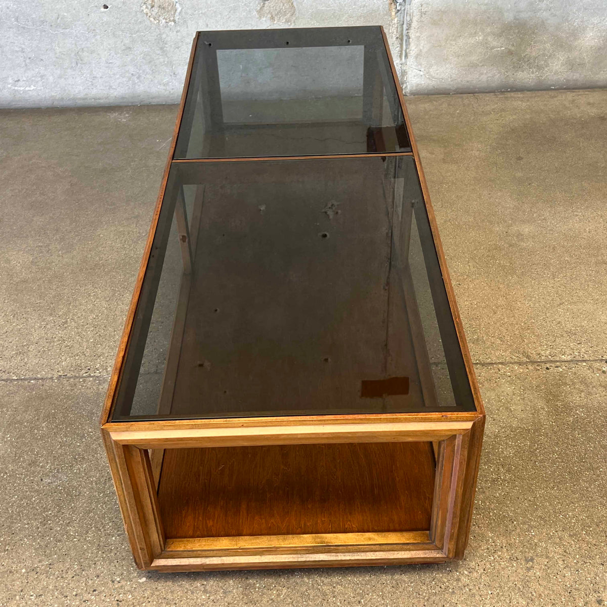 Mid Century Modern Walnut Coffee Table With Smoked Glass Top