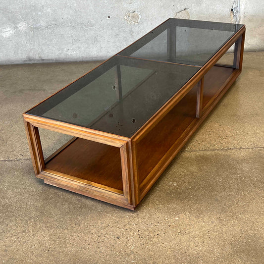 Mid Century Modern Walnut Coffee Table With Smoked Glass Top