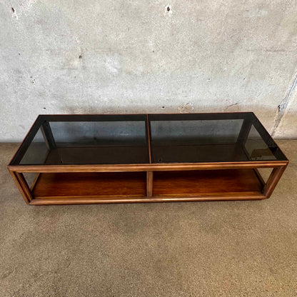 Mid Century Modern Walnut Coffee Table With Smoked Glass Top
