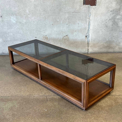 Mid Century Modern Walnut Coffee Table With Smoked Glass Top