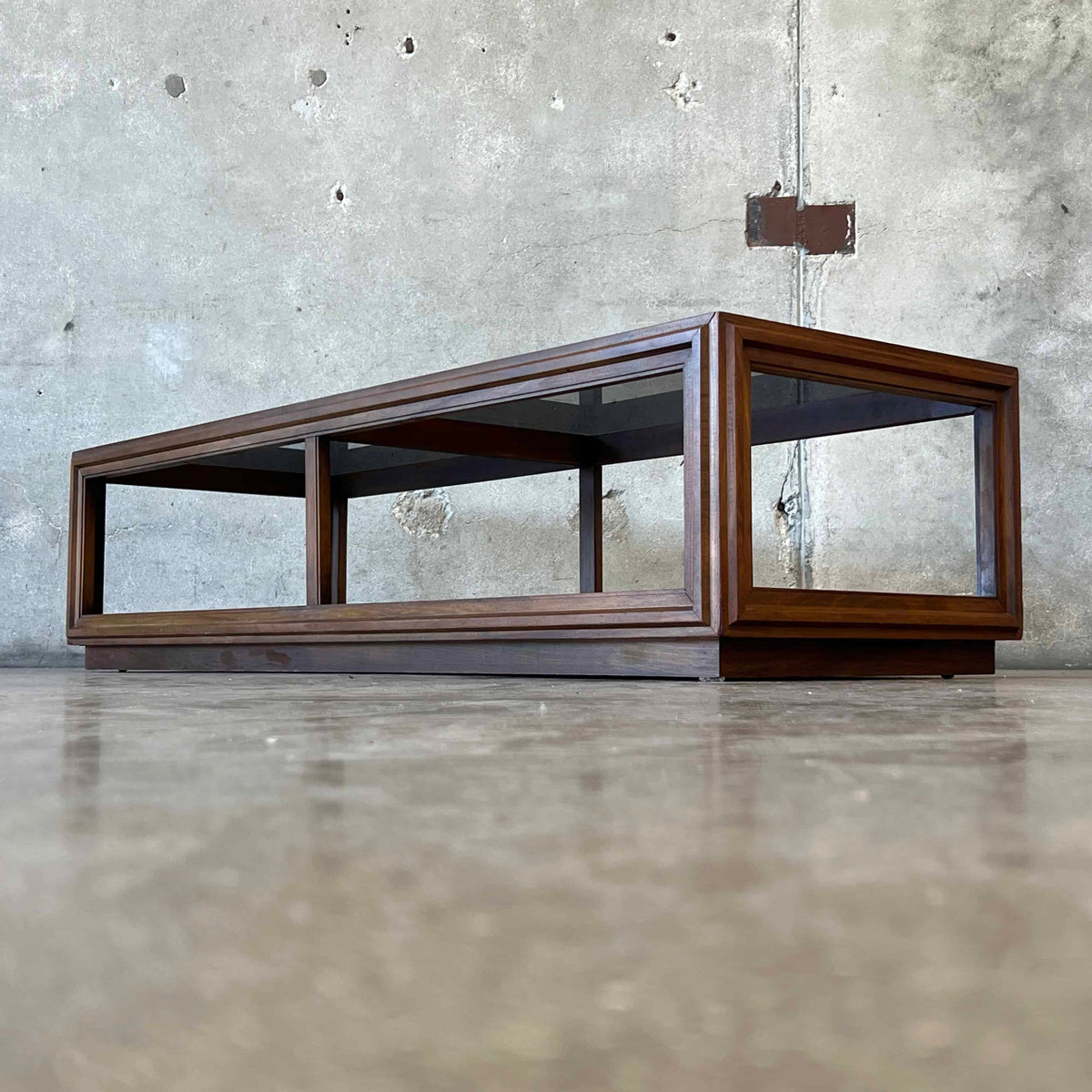 Mid Century Modern Walnut Coffee Table With Smoked Glass Top