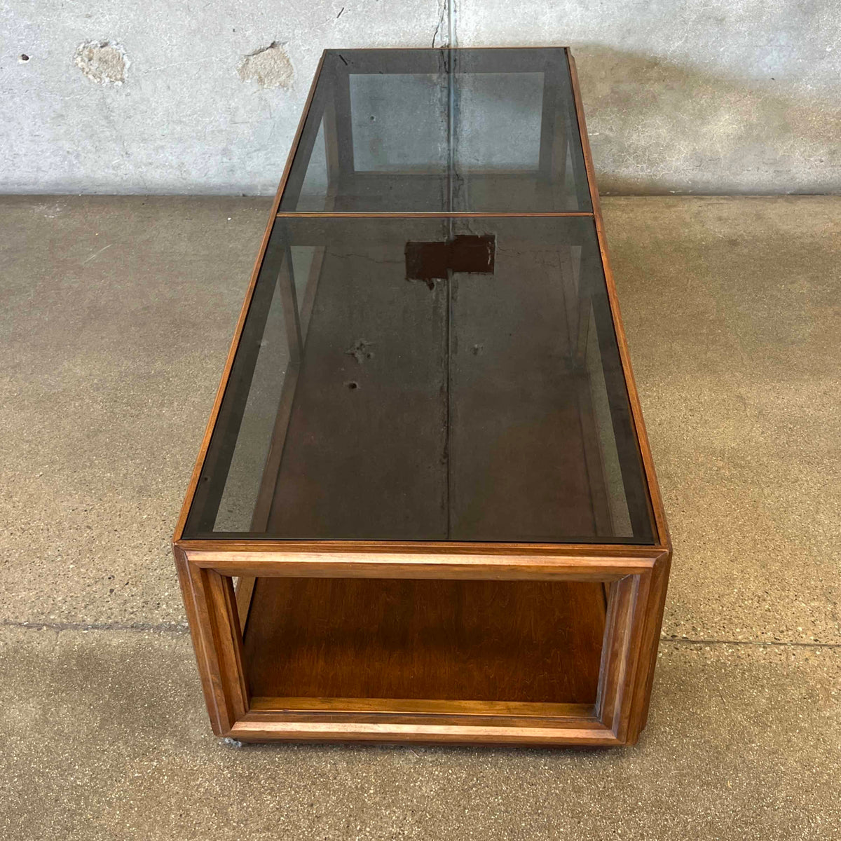 Mid Century Modern Walnut Coffee Table With Smoked Glass Top