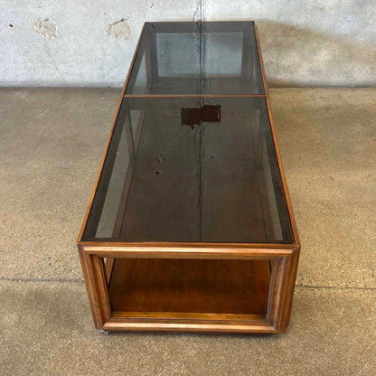 Mid Century Modern Walnut Coffee Table With Smoked Glass Top