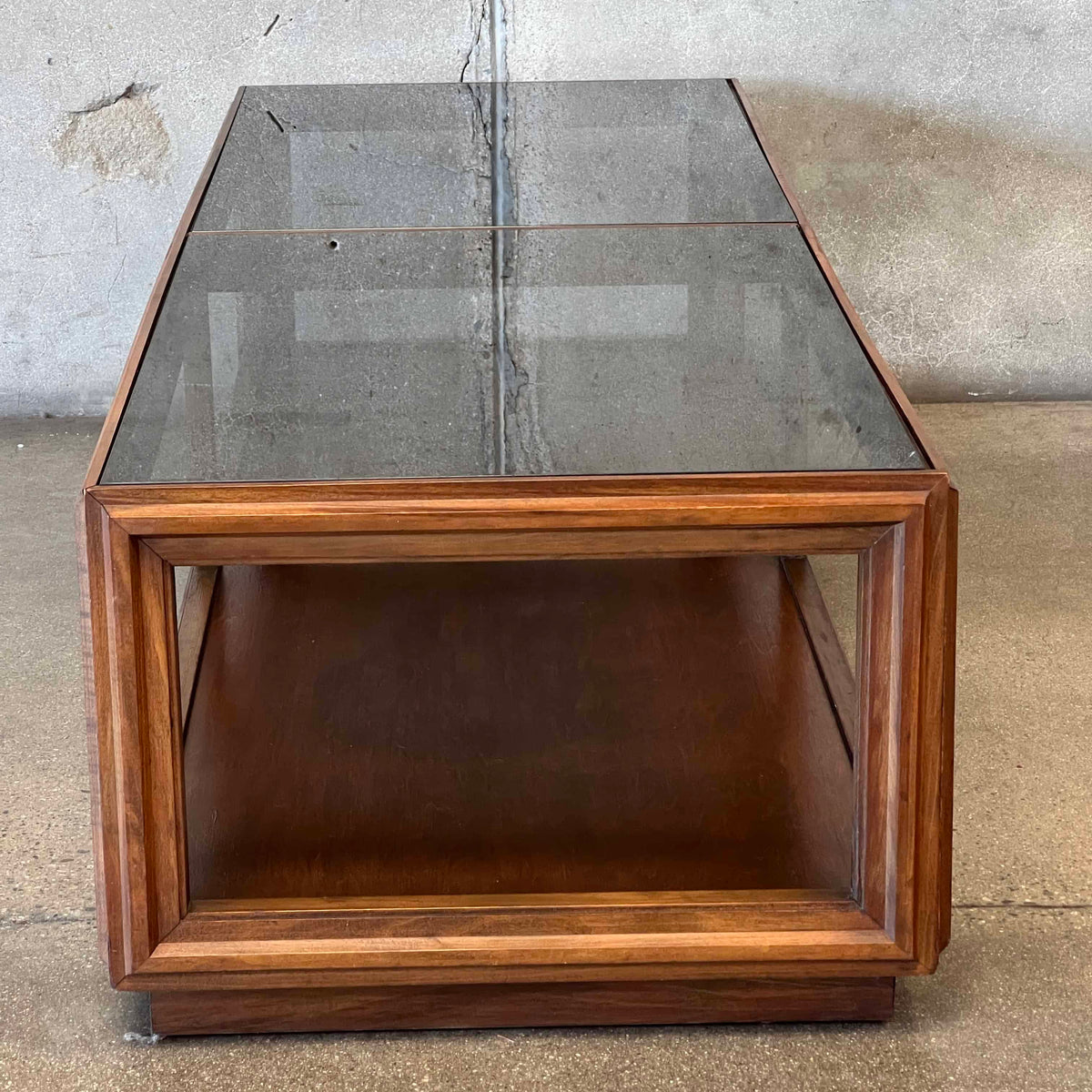 Mid Century Modern Walnut Coffee Table With Smoked Glass Top