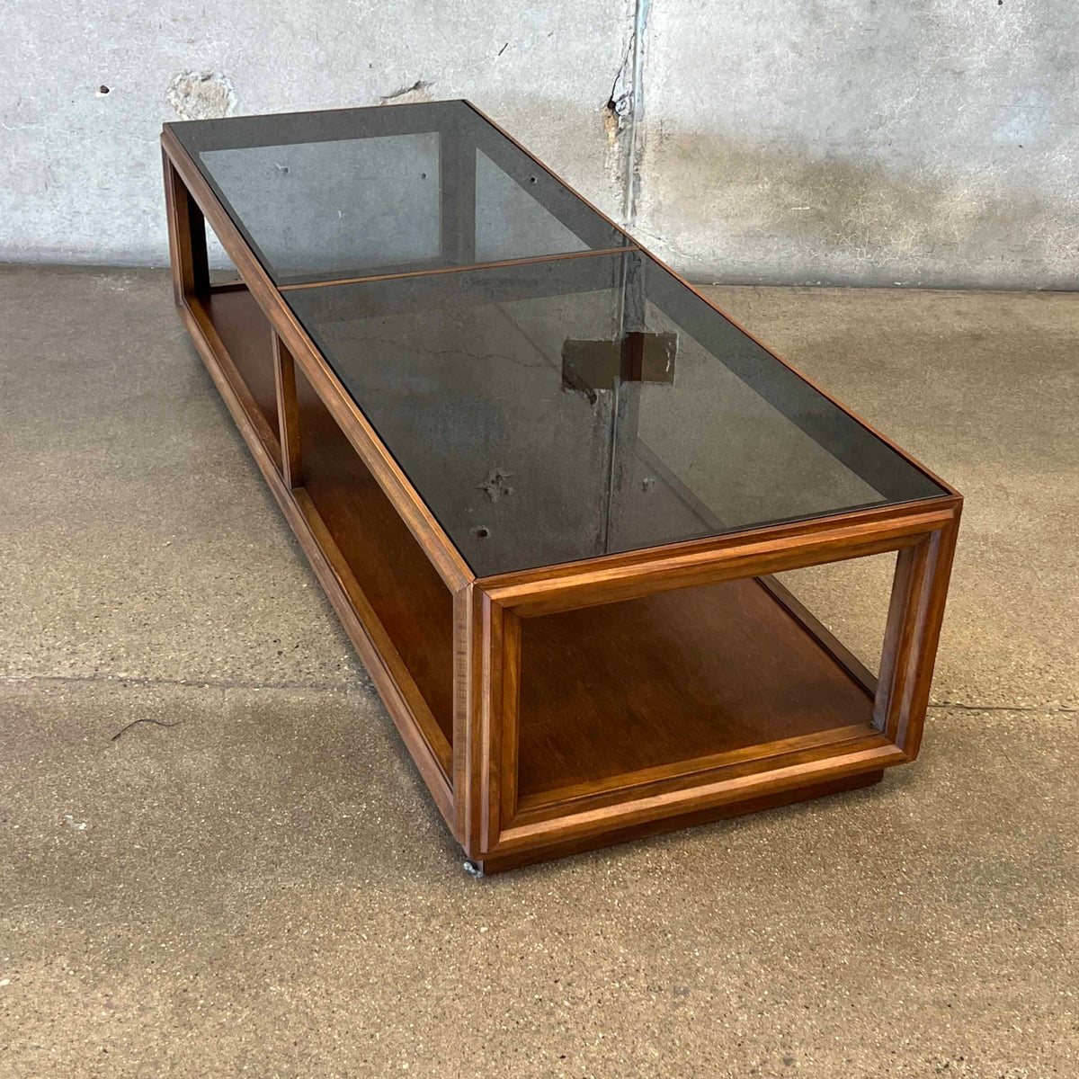 Mid Century Modern Walnut Coffee Table With Smoked Glass Top
