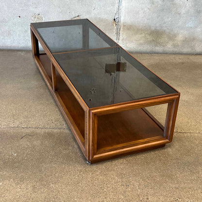 Mid Century Modern Walnut Coffee Table With Smoked Glass Top
