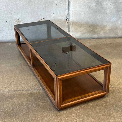 Mid Century Modern Walnut Coffee Table With Smoked Glass Top