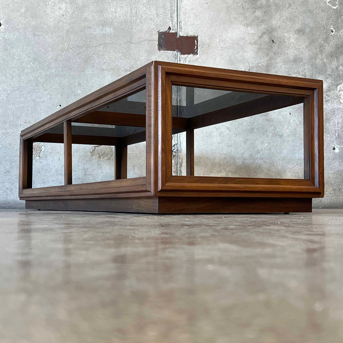 Mid Century Modern Walnut Coffee Table With Smoked Glass Top