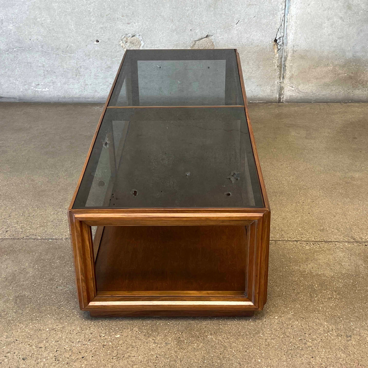 Mid Century Modern Walnut Coffee Table With Smoked Glass Top
