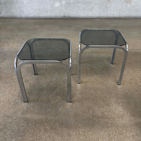 Pair of Mid Century Chrome & Smokey Glass Side Tables