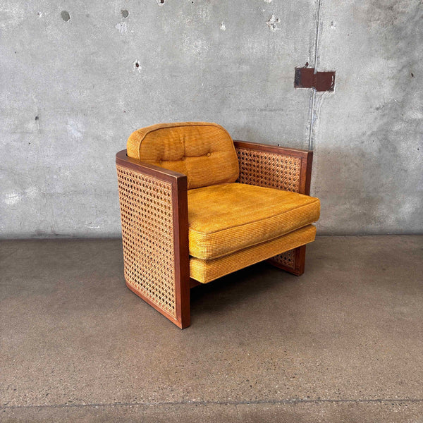 1970s Cane & Oak Upholstered Lounge Chair