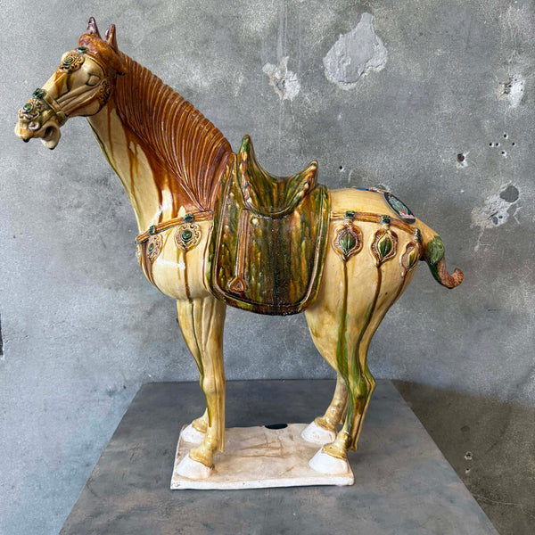 Brady Bunch Style Tang Dynasty Sancai Ceramic 27" Tall Horse