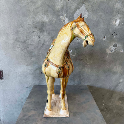 Brady Bunch Style Tang Dynasty Sancai Ceramic 27" Tall Horse
