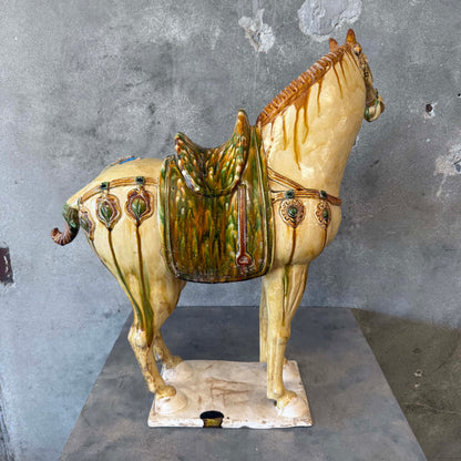 Brady Bunch Style Tang Dynasty Sancai Ceramic 27" Tall Horse