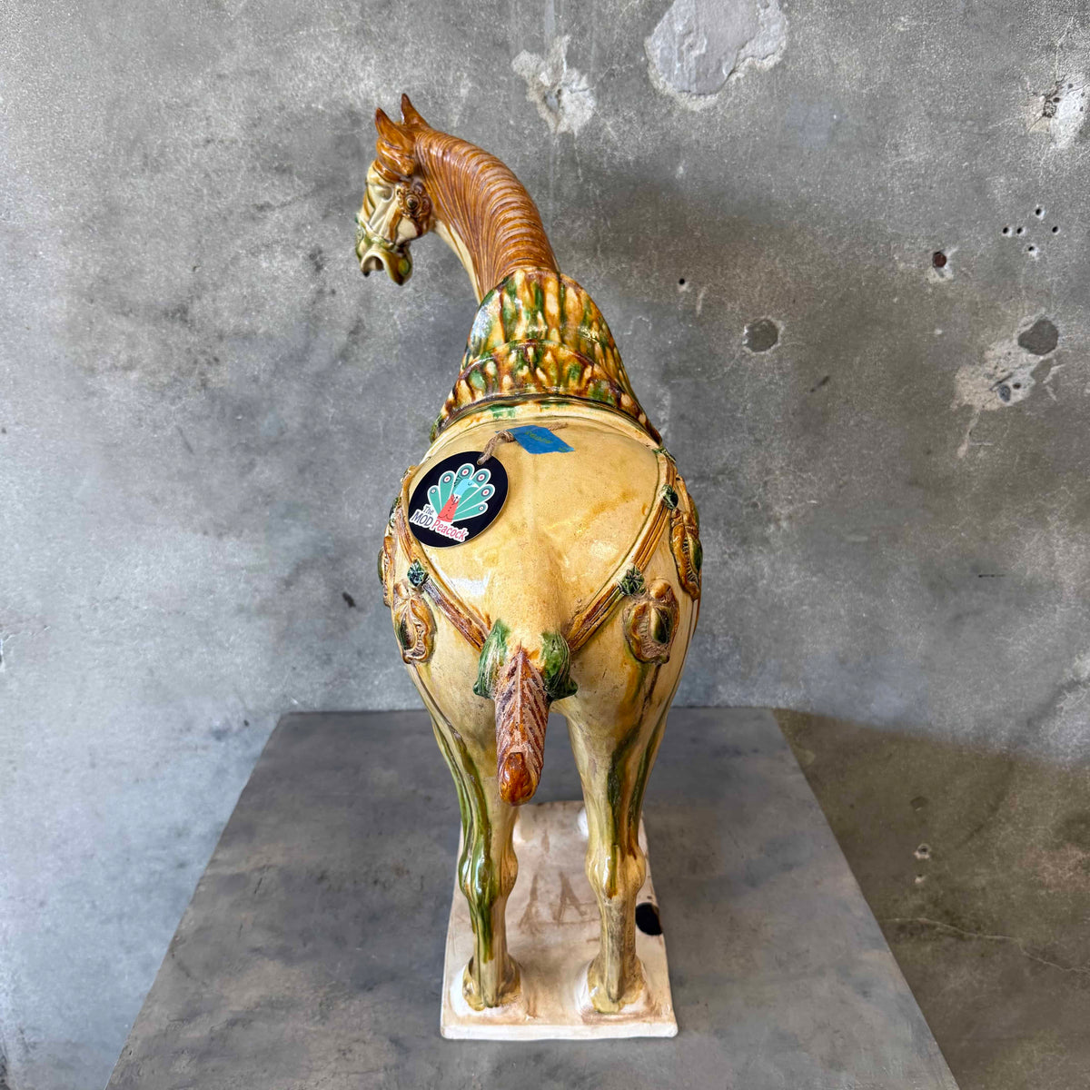 Brady Bunch Style Tang Dynasty Sancai Ceramic 27" Tall Horse