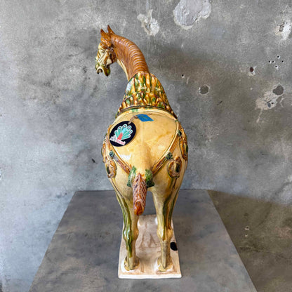 Brady Bunch Style Tang Dynasty Sancai Ceramic 27" Tall Horse