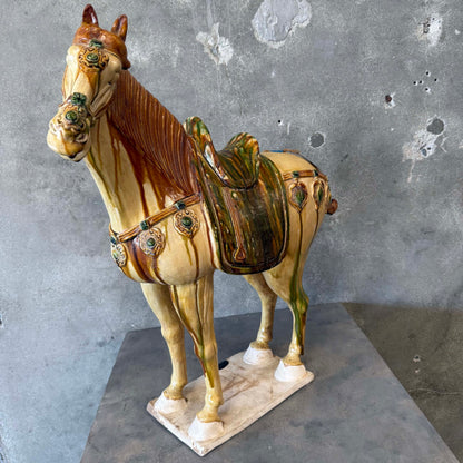 Brady Bunch Style Tang Dynasty Sancai Ceramic 27" Tall Horse