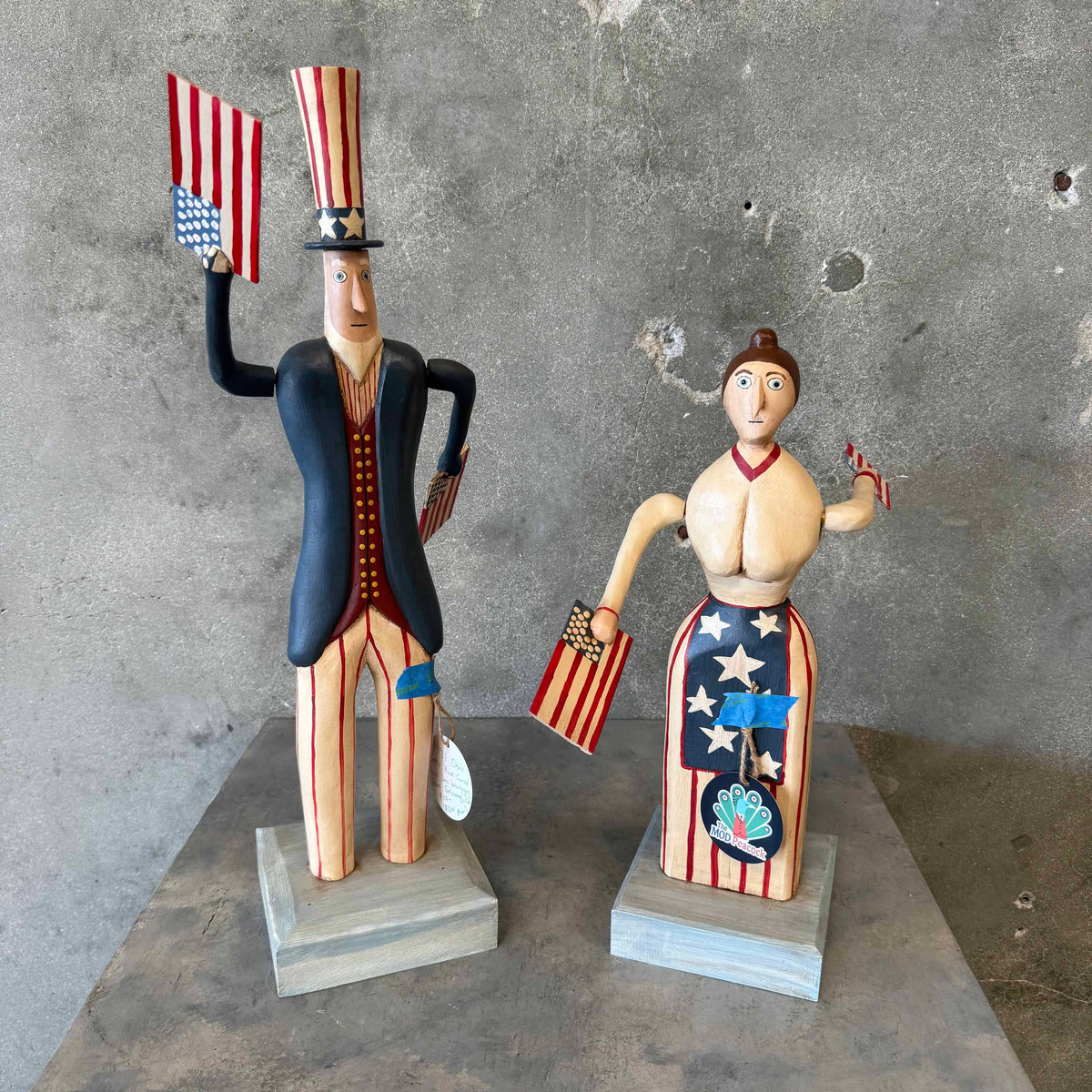 1991 Chris Botts (Solrang, CA Artist) Hand Carved Uncle Sam & Betsy Ross