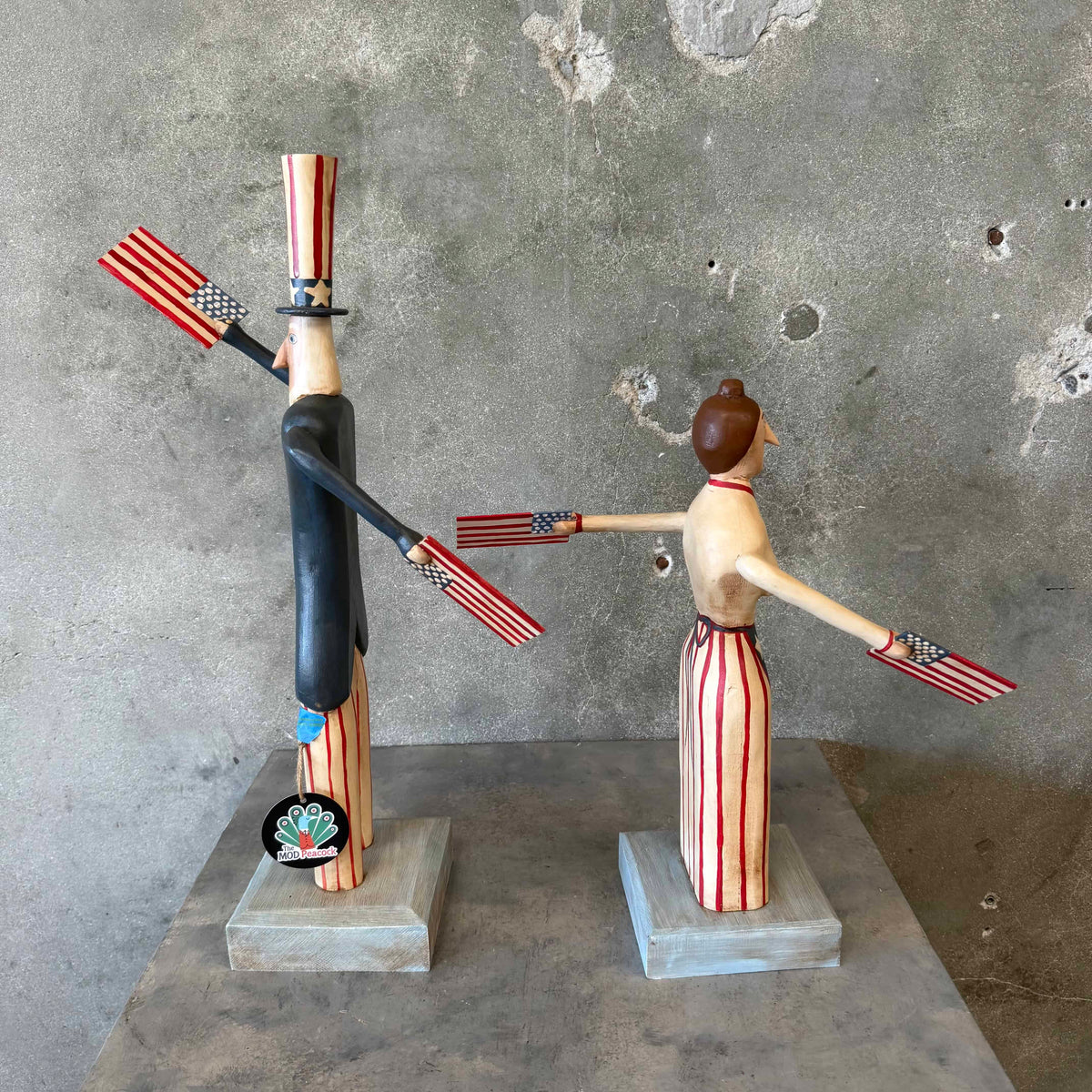 1991 Chris Botts (Solrang, CA Artist) Hand Carved Uncle Sam & Betsy Ross