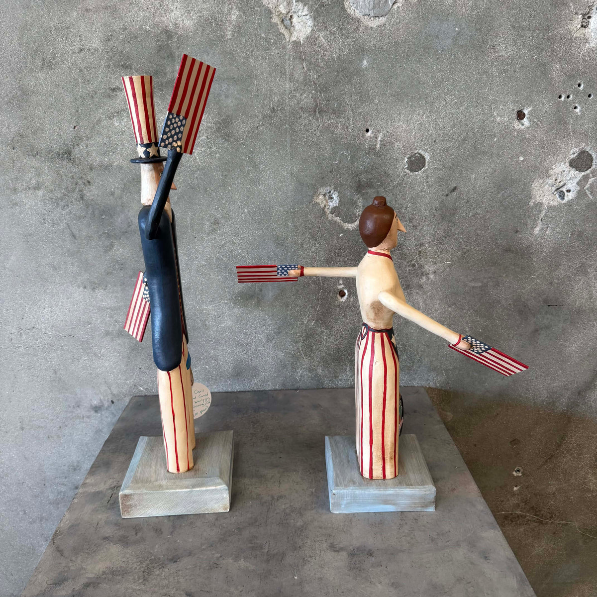1991 Chris Botts (Solrang, CA Artist) Hand Carved Uncle Sam & Betsy Ross