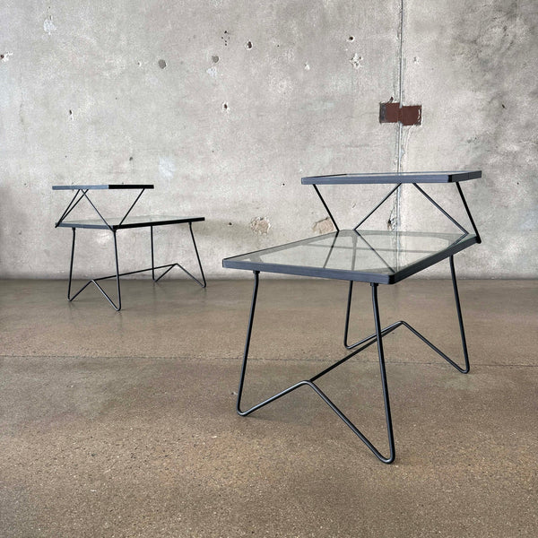 Pair of Mid Twentieth Century French Modernist Iron & Glass End Tables