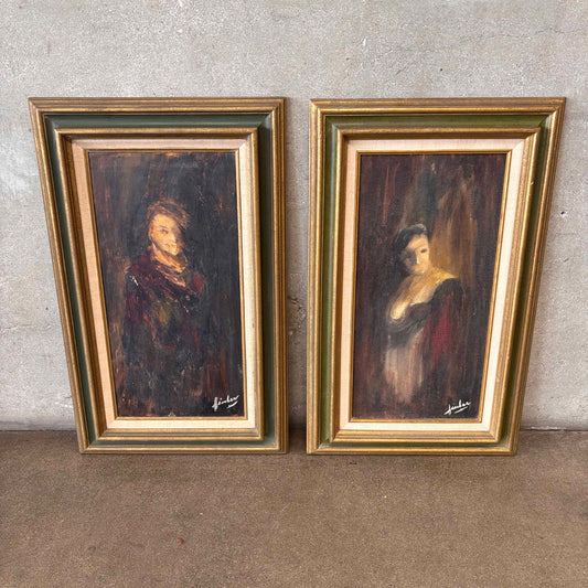 Vintage Set of Oil Paintings on Board of a Man and Woman