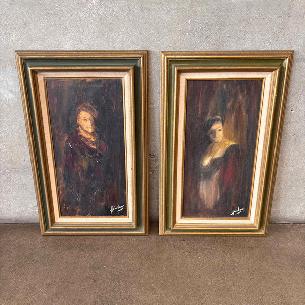 Vintage Set of Oil Paintings on Board of a Man and Woman