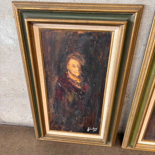 Vintage Set of Oil Paintings on Board of a Man and Woman